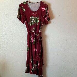 Levaca Wine Floral Casual Flowy Faux Wrap Midi Dress Size M